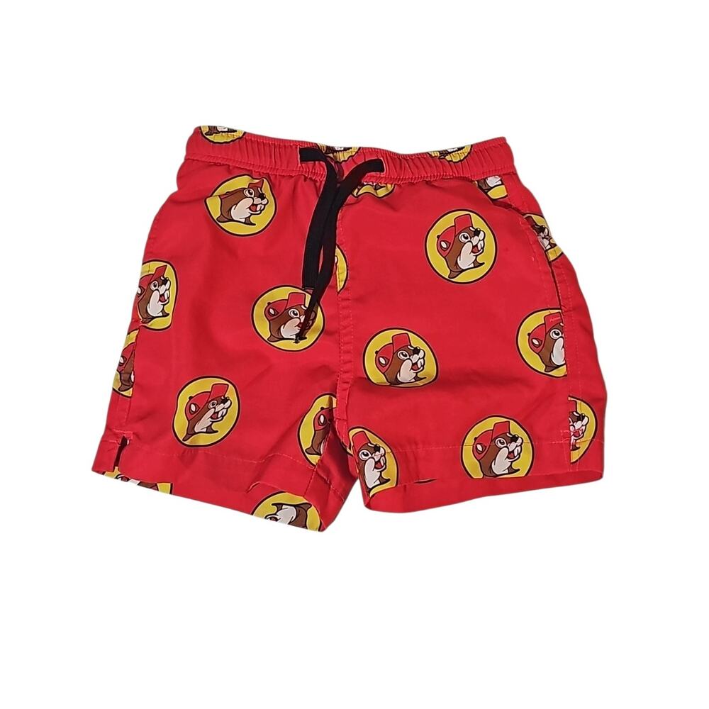 Buc-ee’s Kids 4T Swim Trunks Red Allover Beaver Print